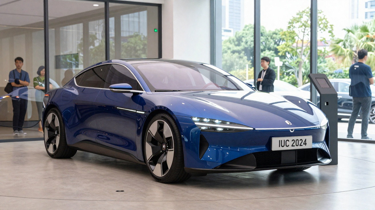 Carro elétrico desportivo azul com design moderno exposto em showroom com pessoas ao fundo.