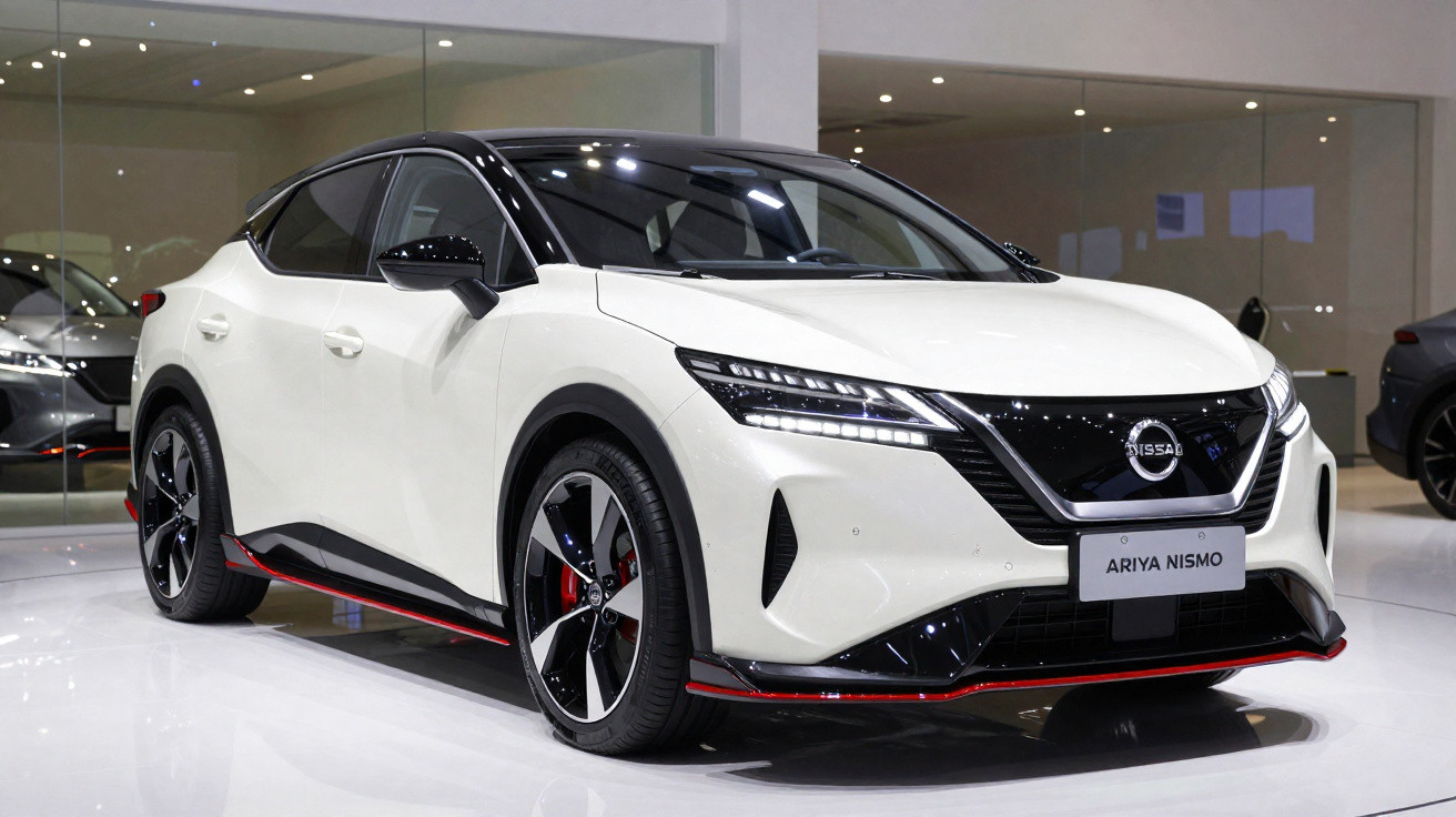 Carro elétrico Nissan Ariya Nismo branco em exposição numa sala moderna.