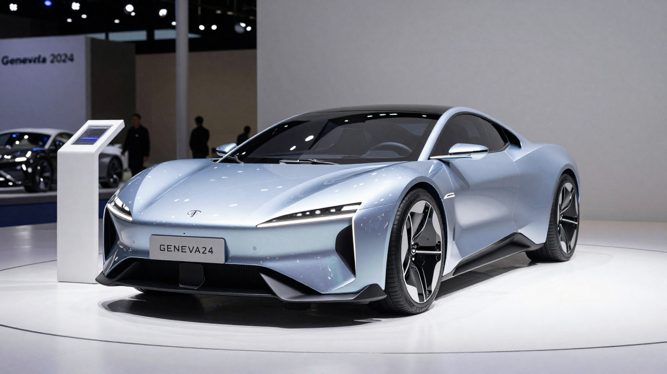 Carro desportivo futurista azul prateado exposto num salão automóvel com iluminação suave.