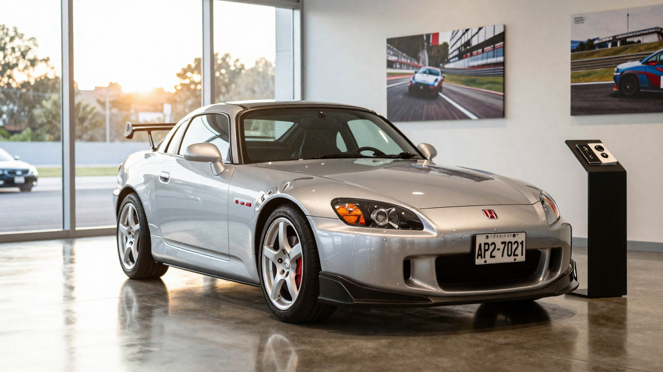 Carro desportivo prateado Honda S2000 em exposição num espaço interior com janelas grandes.