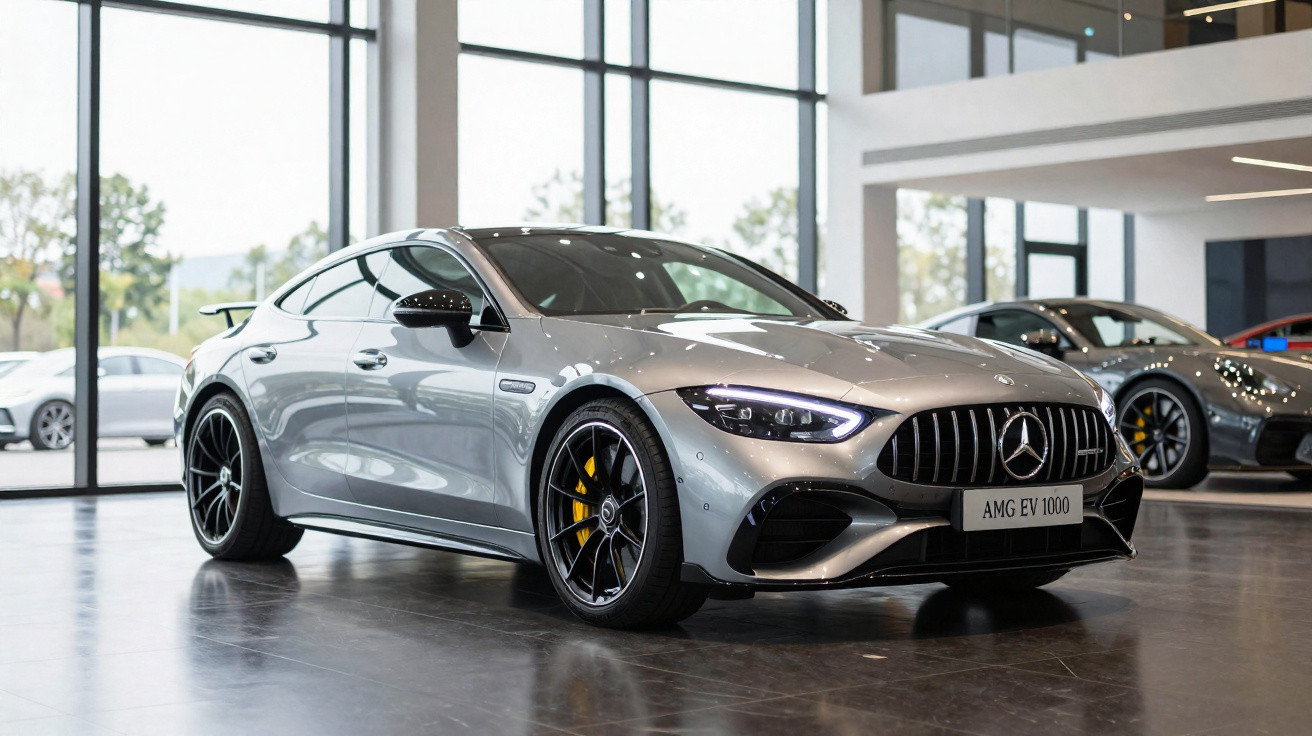 Carro desportivo prateado Mercedes-Benz AMG EV 1000 estacionado numa sala de exposições moderna e iluminada.