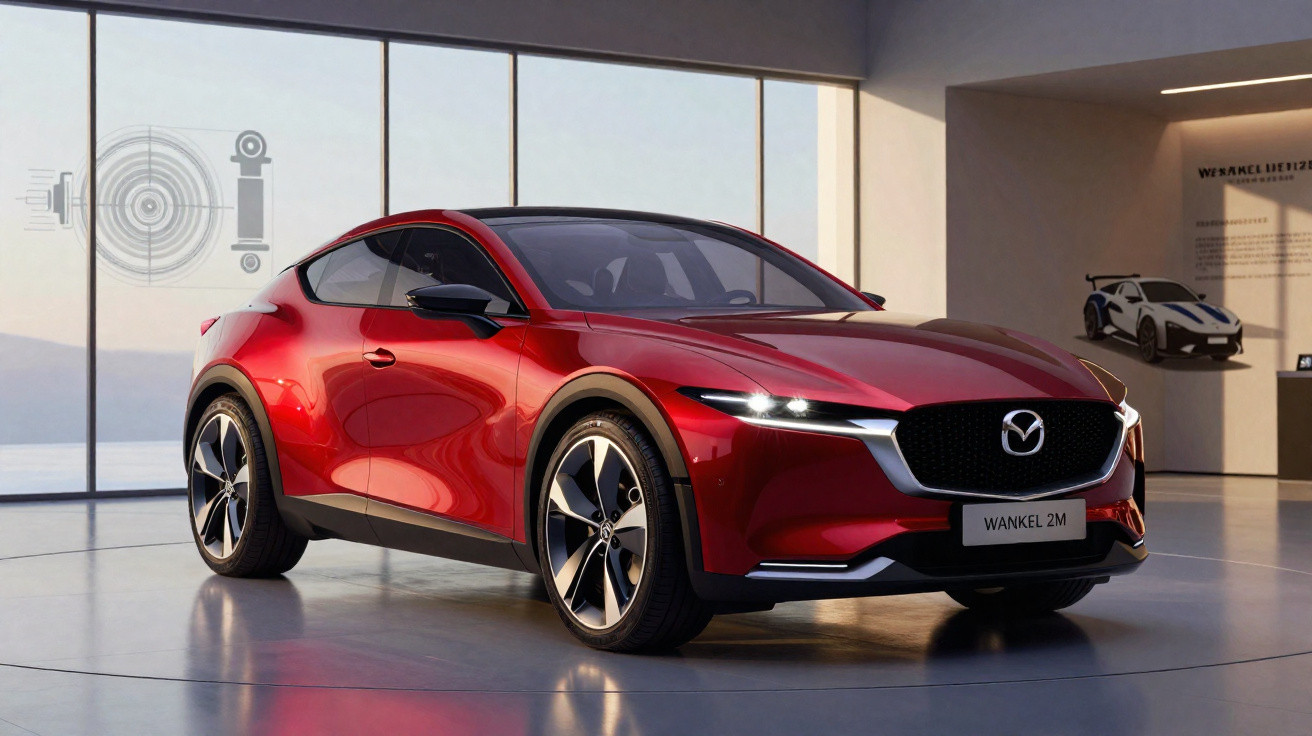 Carro desportivo elétrico vermelho Mazda Wankel 2M exposto em salão moderno com luz natural.