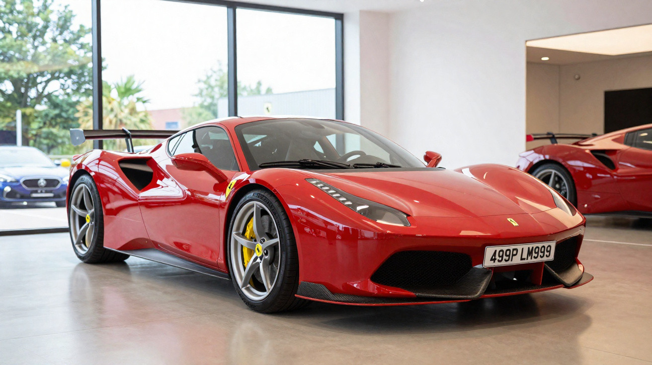 Carro desportivo Ferrari vermelho estacionado num espaço interior com janelas amplas e outro carro ao fundo.