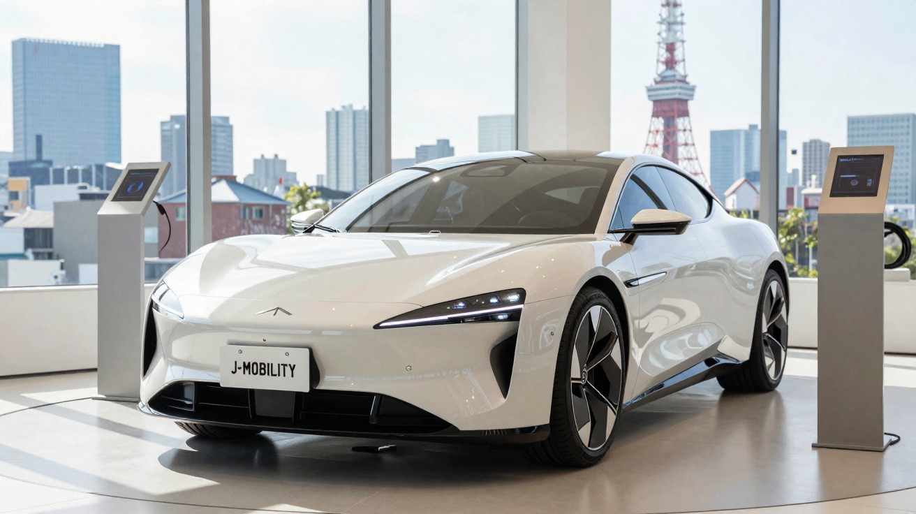 Carro elétrico desportivo branco numa exposição, ladeado por dois postos de carregamento digital, com cidade ao fundo.