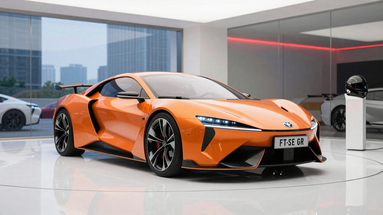 Carro desportivo laranja Toyota de futurista com portas de abertura ascendente em exposição interior moderna.