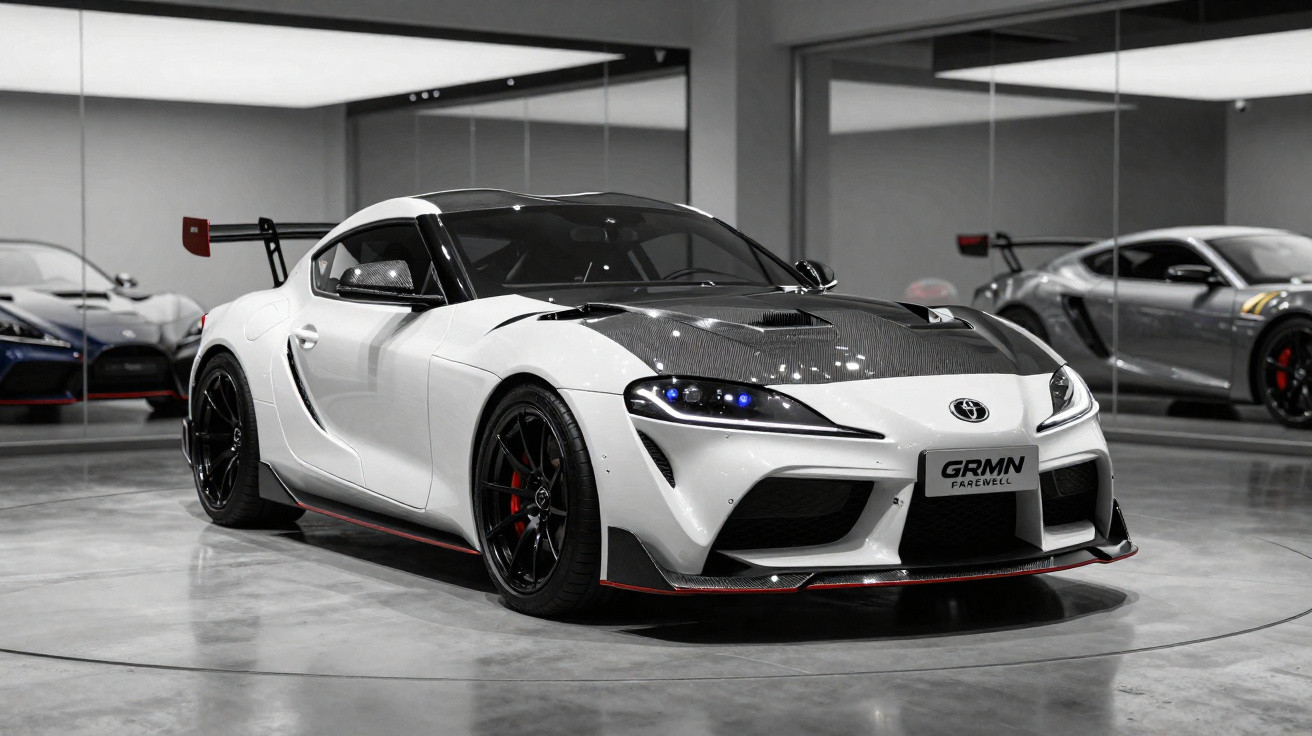 Carro desportivo branco com capot de fibra de carbono e spoiler traseiro num showroom com chão de cimento polido.