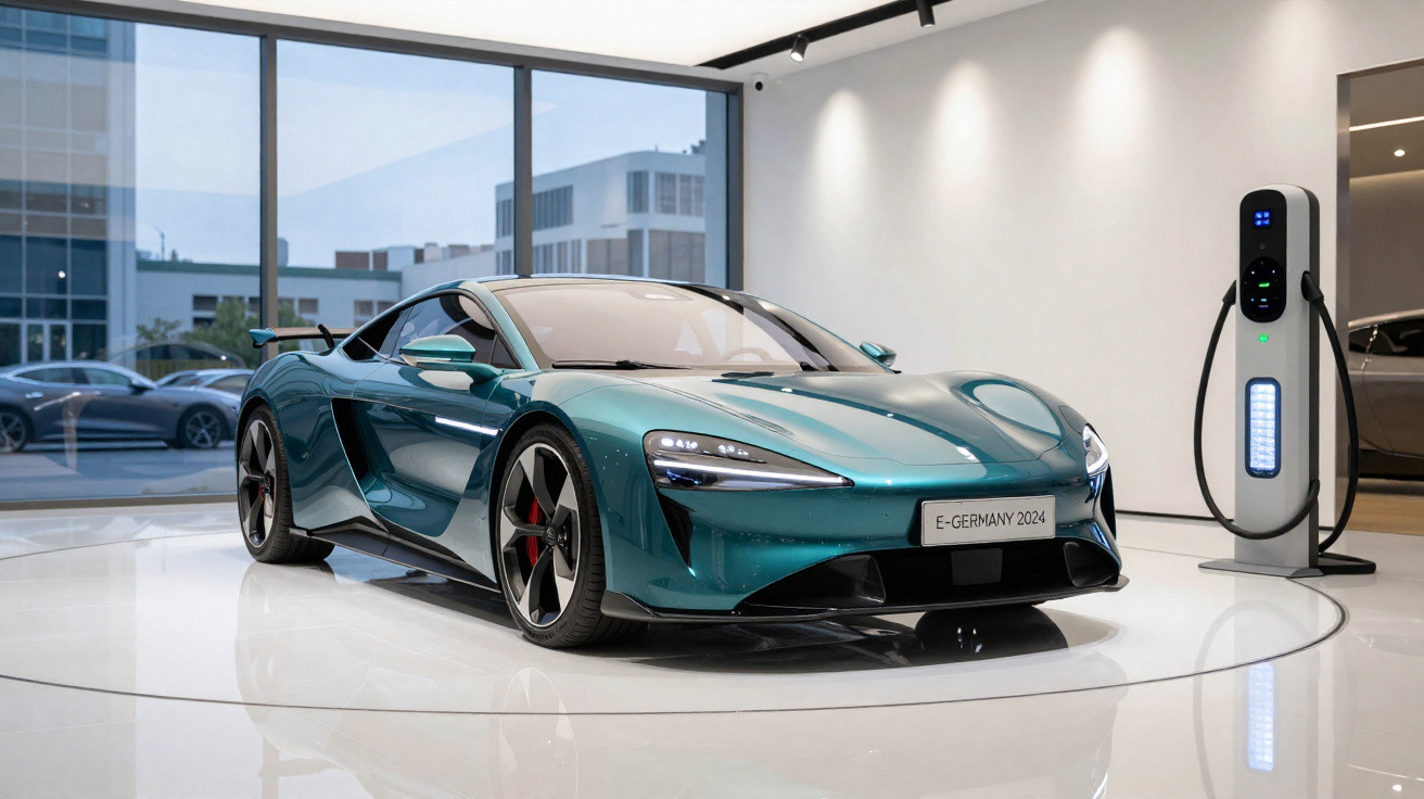 Carro desportivo elétrico verde estacionado numa sala moderna, com estação de carregamento ao lado.