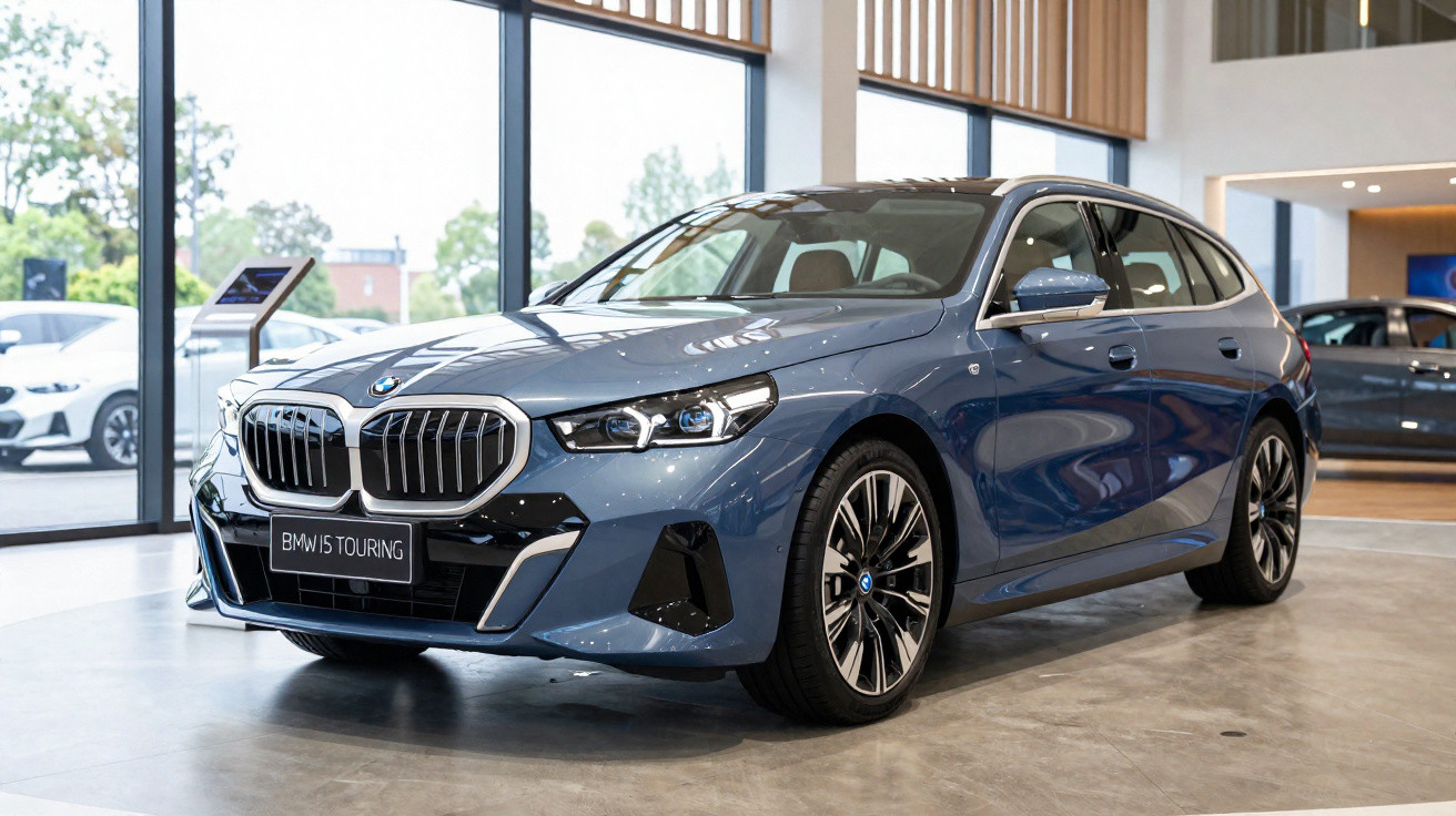 Carro BMW i5 Touring cinzento metálico exposto numa sala com grande janela e chão de cimento polido.