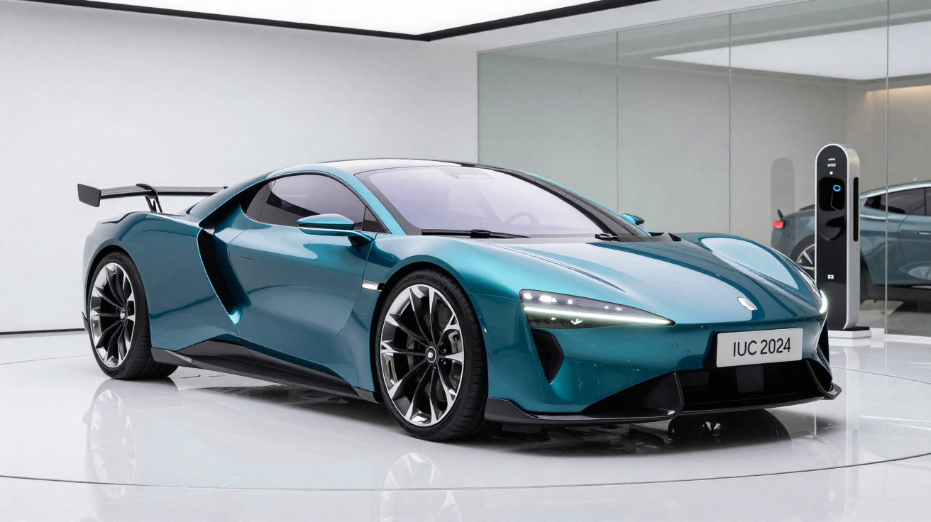 Carro desportivo azul metálico elétrico estacionado em carregador num showroom minimalista e luminoso.