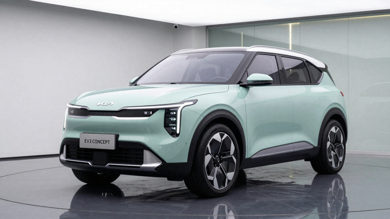 Carro elétrico conceito Kia EV3, cor verde água, design moderno, em ambiente interior minimalista.