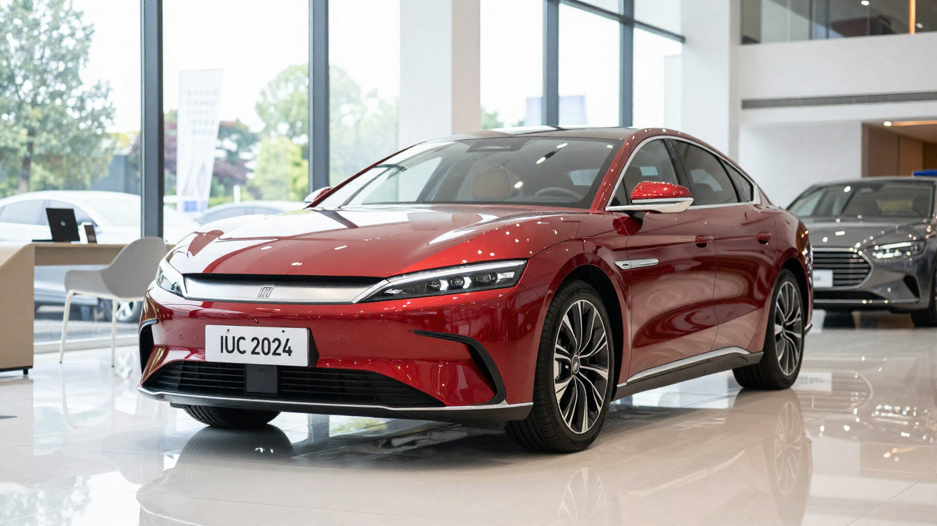 Carro vermelho moderno exposto numa sala de exposição com janelas grandes e piso brilhante.