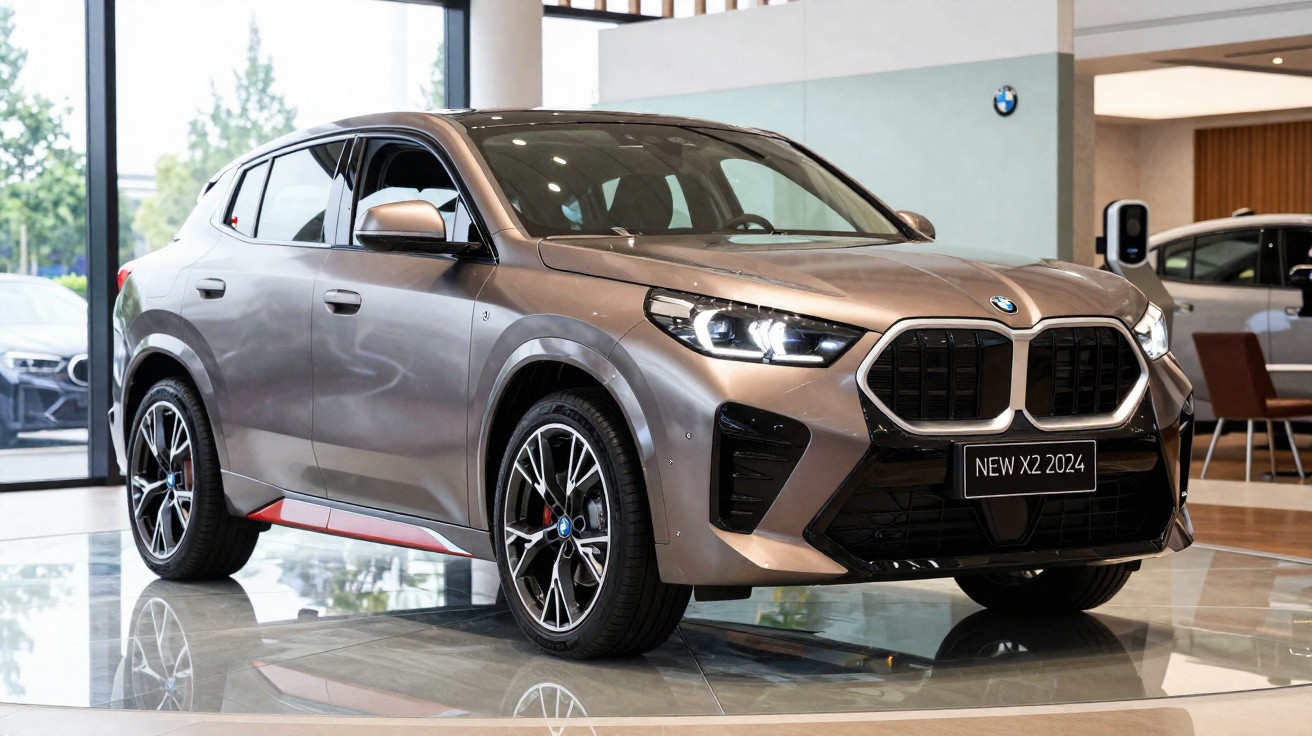 BMW X2 2024 cinzento exposto numa sala de showroom moderna com jantes desportivas.
