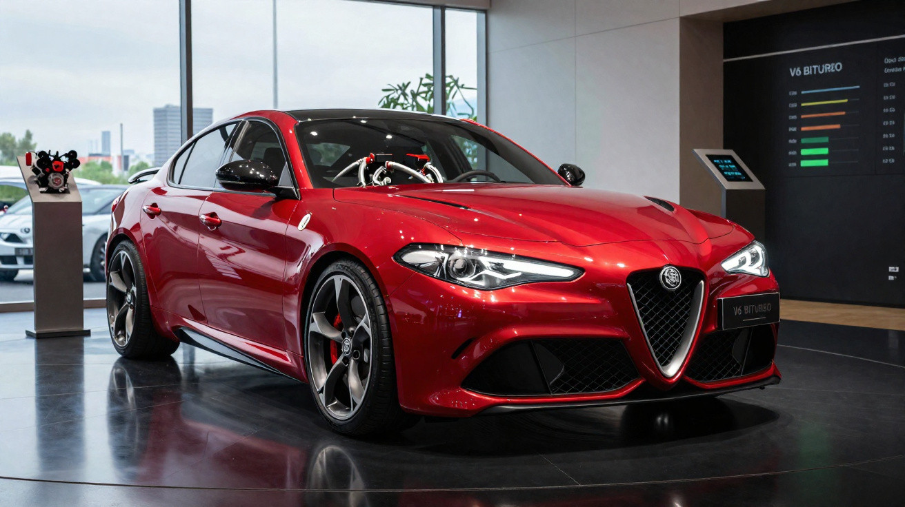 Carro desportivo Alfa Romeo vermelho estacionado em exposição interna com motor visível no capô.