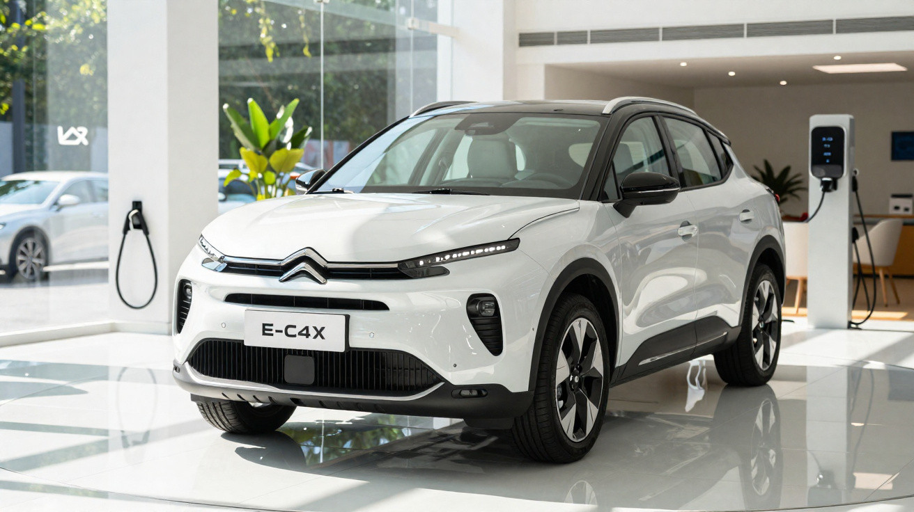 Automóvel Citroën E-C4X branco exposto em salão com carregador elétrico ao fundo.