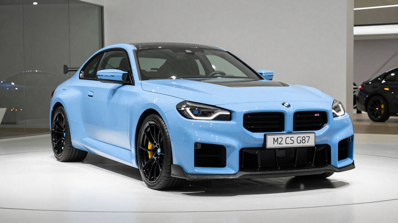 Automóvel desportivo BMW azul claro estacionado em exposição interior com jantes pretas e travões amarelos.