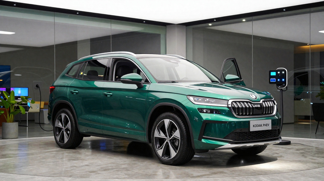 SUV verde Škoda Kodiaq PHEV estacionado junto a uma estação de carregamento.