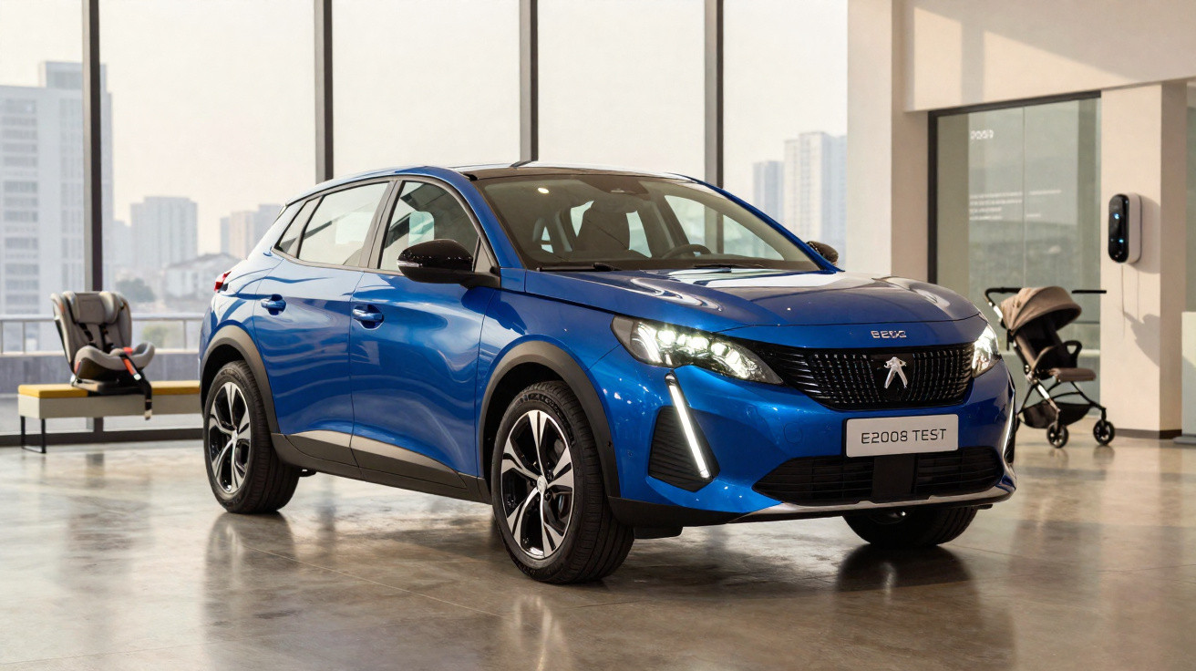 Carro eléctrico Peugeot E2008 azul estacionado numa sala ampla com carrinho de bebé e cadeirão para criança.