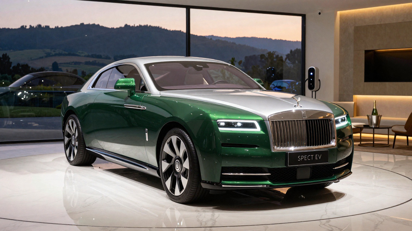Carro elétrico Rolls-Royce Spectre EV verde e cinza exposto num showroom moderno ao entardecer.