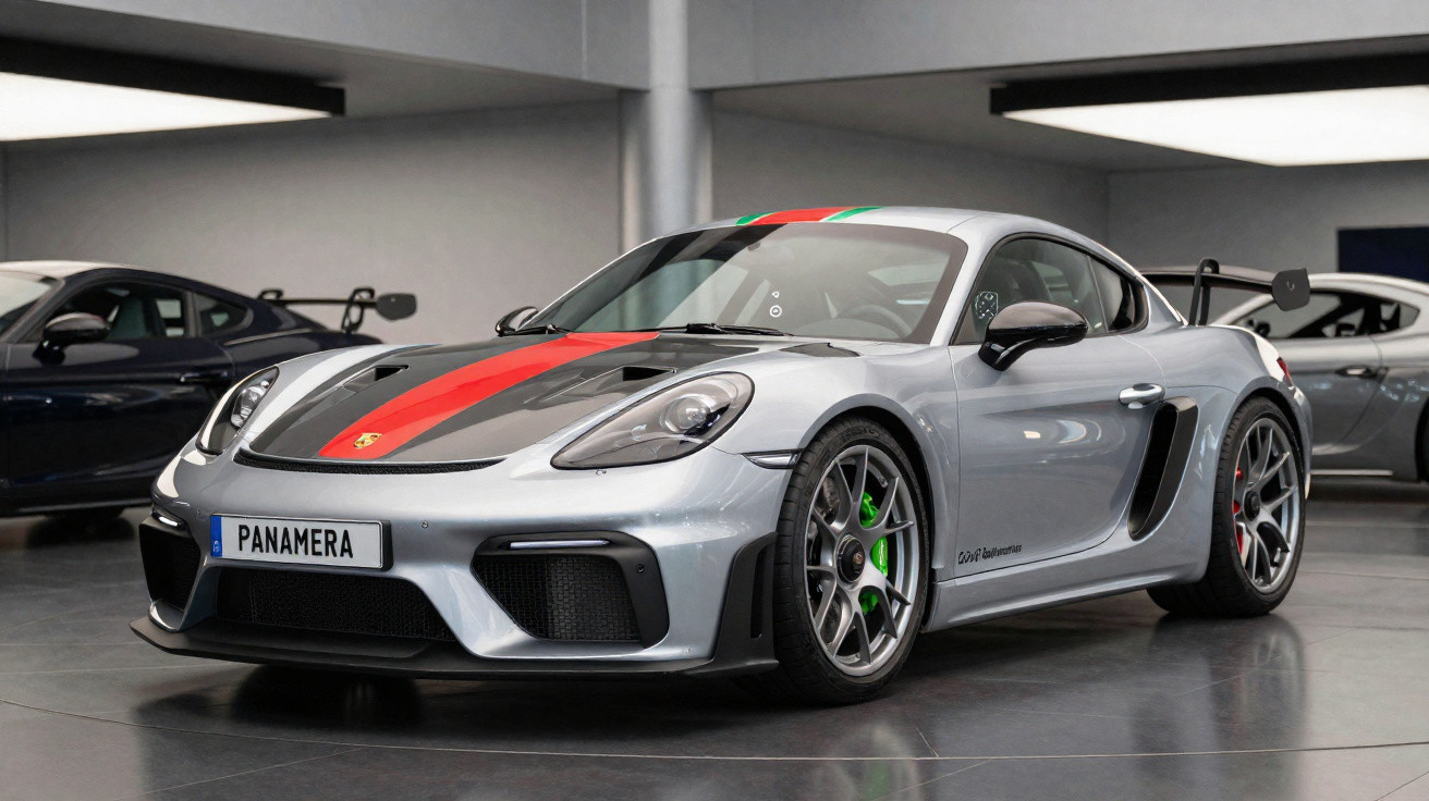 Carro desportivo cinzento com faixa vermelha e preta e placa com a palavra Panamera estacionado em garagem.