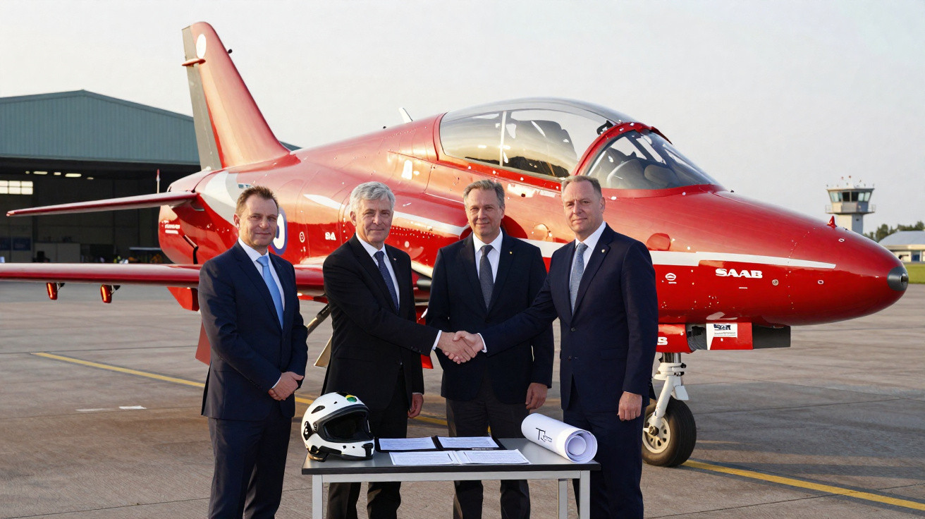 Quatro homens de fato em pista de aeroporto com avião vermelho da Saab ao fundo, apertando as mãos junto a mesa com capacete 