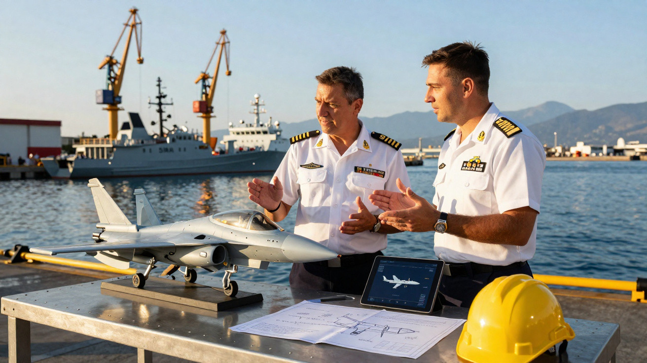Dois militares em uniforme naval analisam maquete de caça e planos numa mesa junto ao porto.