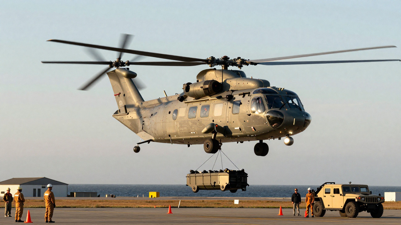 Helicóptero militar cinzento a transportar carga suspensa próximo da orla marítima com várias pessoas e veículo no solo.