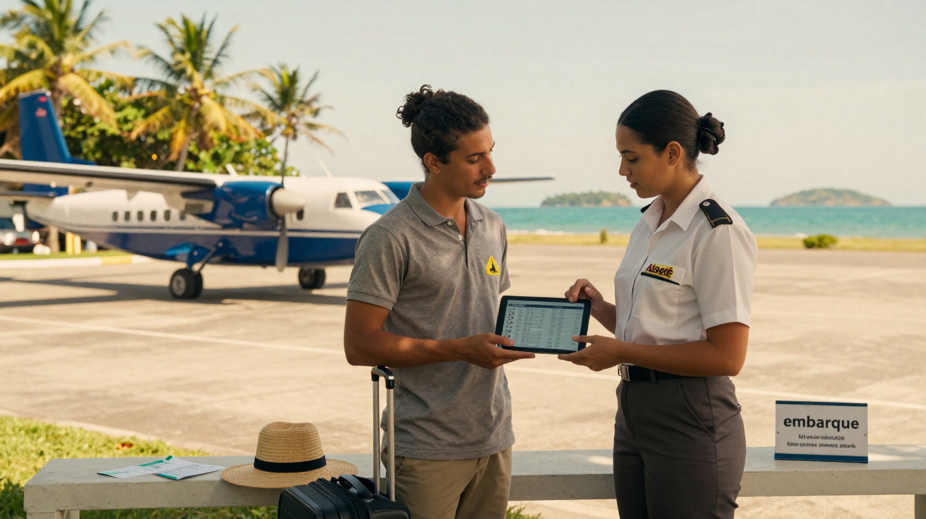 Homem com mala e mulher em uniforme de piloto consultam tablet em aeroporto junto a avião pequeno.