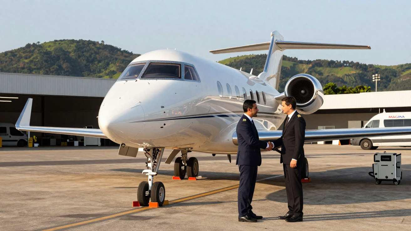 Dois homens de fato apertam as mãos em frente a um jato privado estacionado num aeroporto.