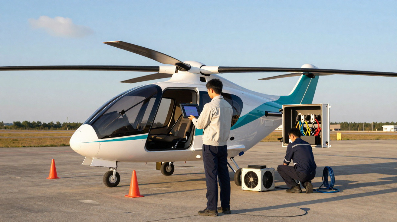 Helicóptero branco com detalhes azuis em manutenção por dois técnicos num campo aberto ao pôr do sol.