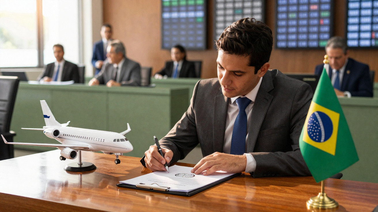 Homem de fato assina documentos numa mesa com miniatura de avião e bandeira do Brasil ao lado.