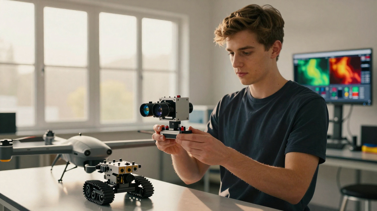 Jovem a montar equipamento tecnológico junto a um robô e um drone numa sala iluminada por janelas.