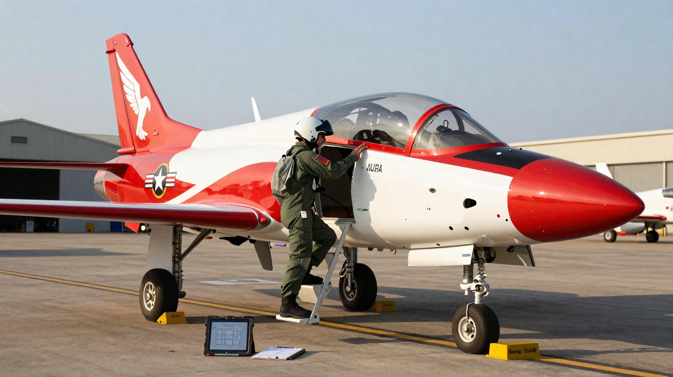 Piloto com fato de voo e capacete sobe para entrar em avião de treino vermelho e branco estacionado no aeroporto.