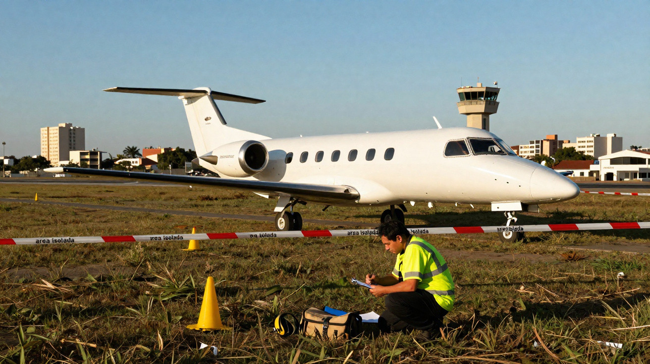 Avião privado branco estacionado e agente em colete refletor a anotar algo em campo perto da pista.