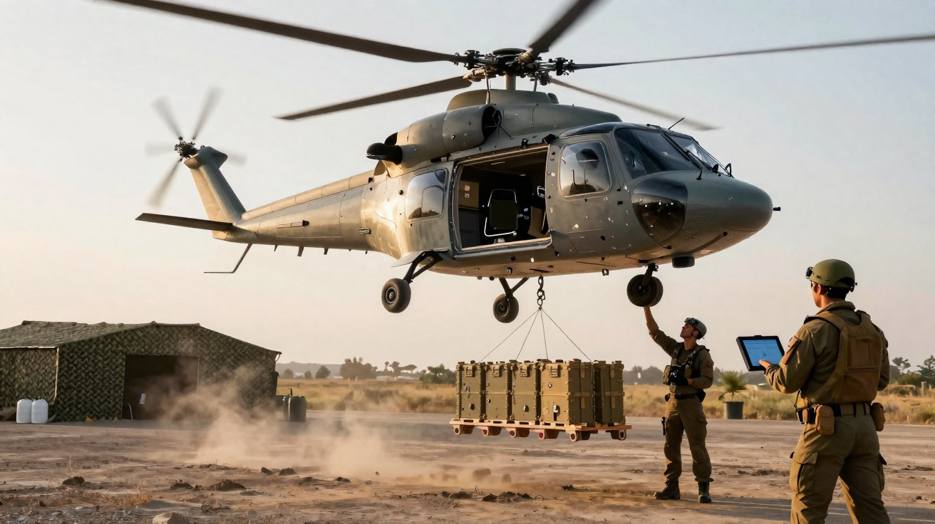 Helicóptero militar a transportar caixas enquanto dois soldados observam numa zona árida.
