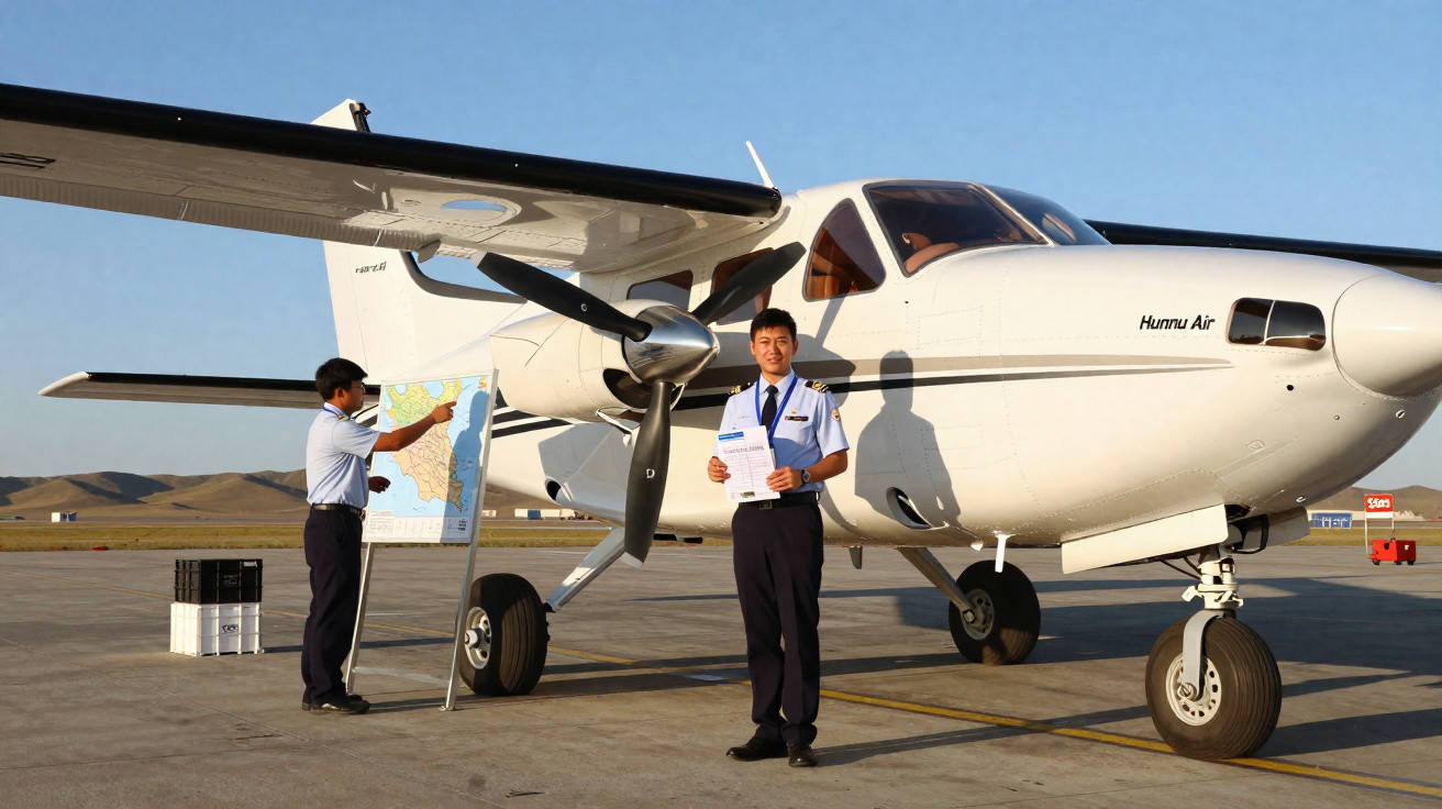 Dois pilotos ao lado de um avião pequeno branco numa pista, um com mapa e outro com documentos na mão.