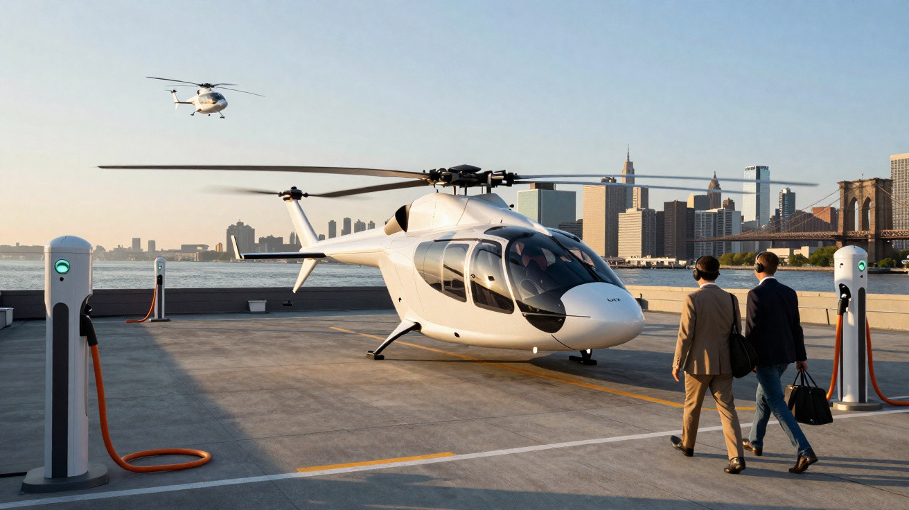 Dois homens de fato caminham em direção a helicóptero elétrico branco estacionado numa plataforma com skyline urbano ao fundo