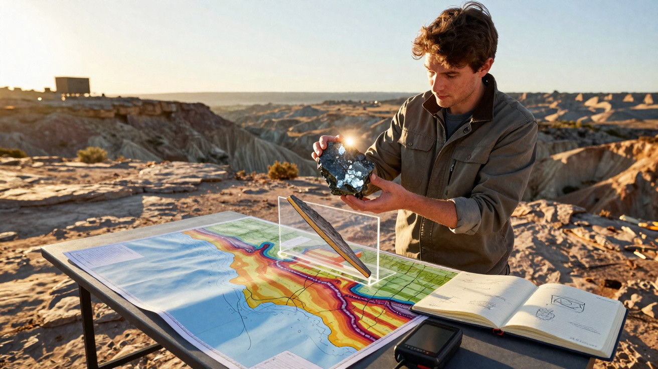 Jovem segura mineral junto a mapa topográfico e caderno aberto numa área rochosa ao ar livre.