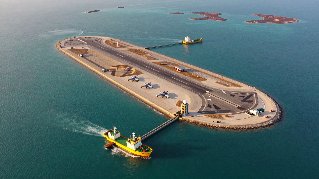 Vista aérea de uma pista de aterragem militar numa ilha artificial rodeada de mar com aviões e barcos.