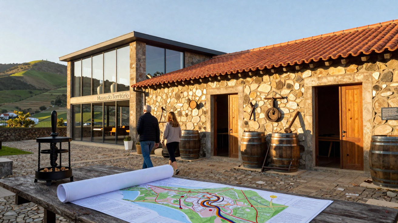 Exterior do Museu do Território com mapa sobre mesa, barris de vinho e duas pessoas a caminhar.