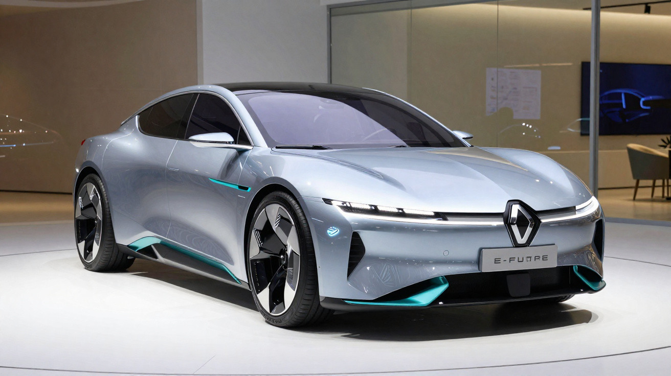 Carro elétrico Renault E-Future prateado com design futurista exposto num salão automóvel moderno.
