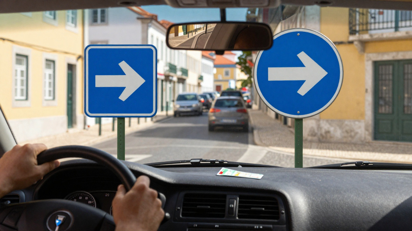 Vista do interior de um carro com sinais de trânsito a indicar para virar à direita numa rua urbana.