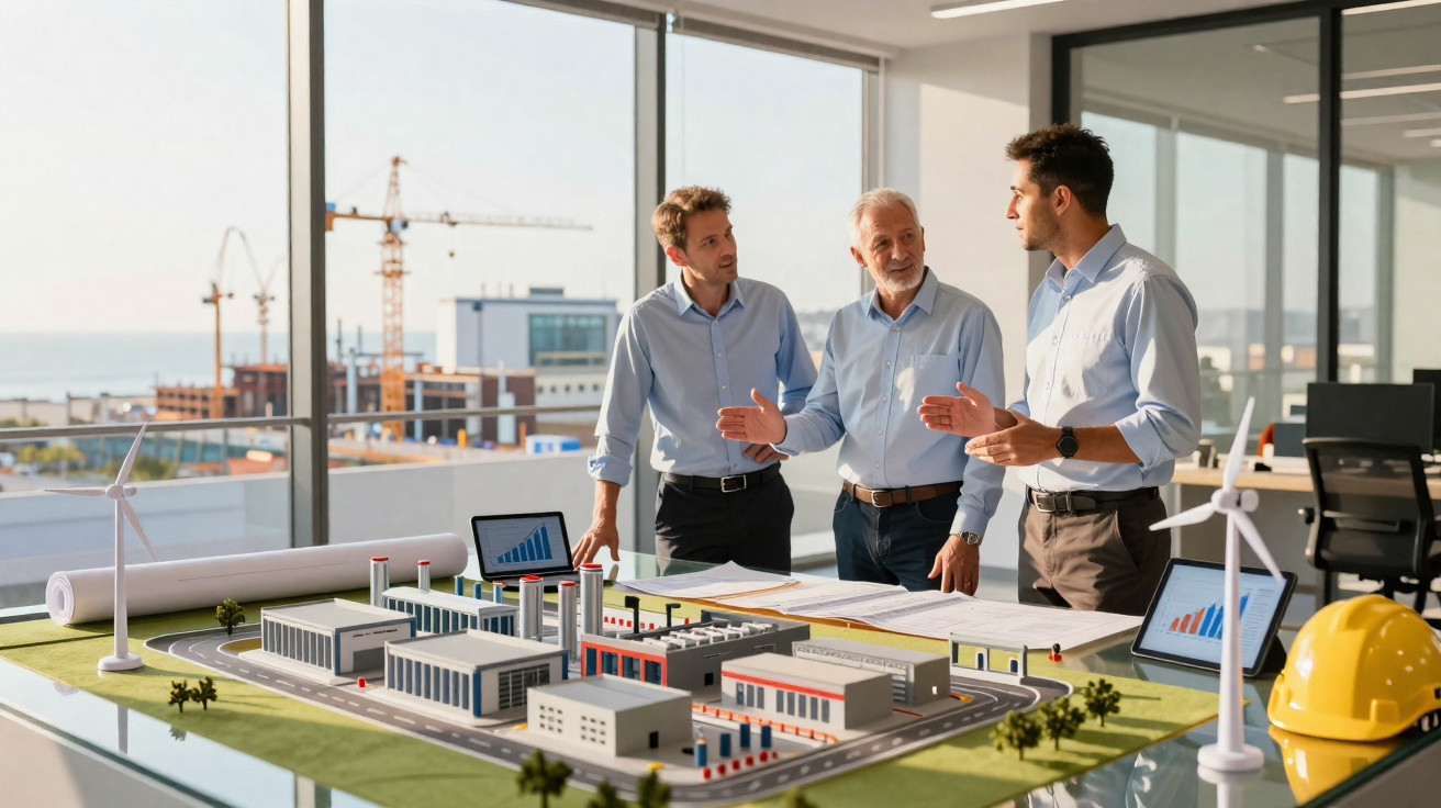Três homens discutem projeto de arquitetura com modelo de construção e gráficos em escritório moderno.