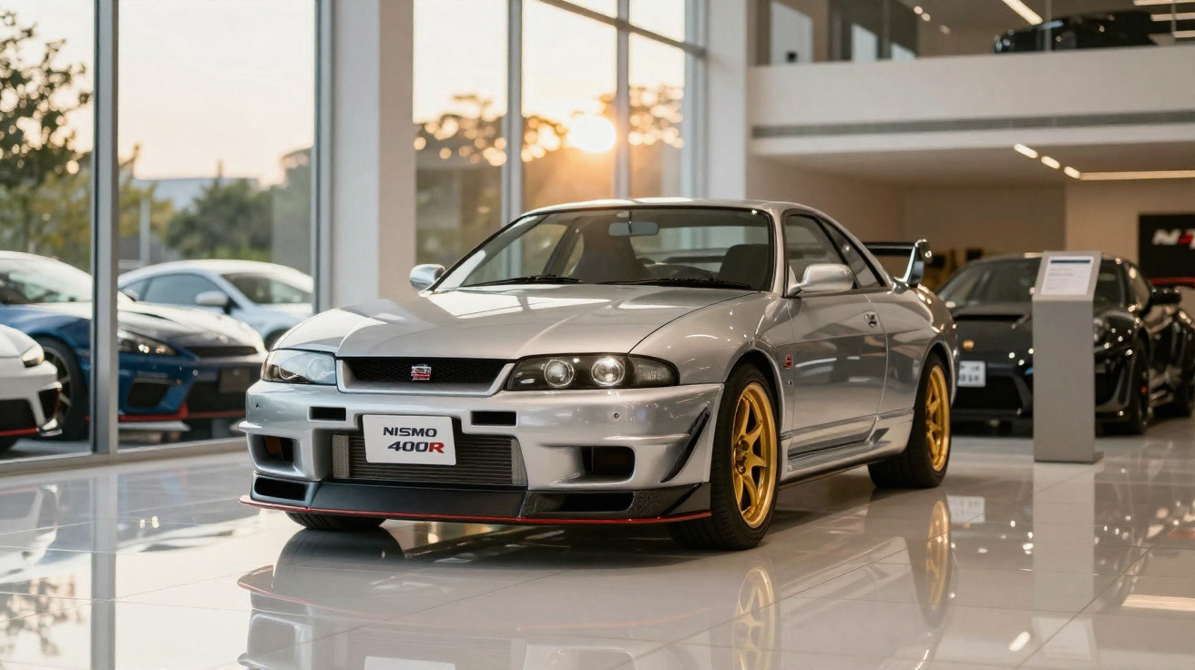 Carro desportivo cinza Nissan Nismo 400R com jantes douradas em exposição interior moderna.