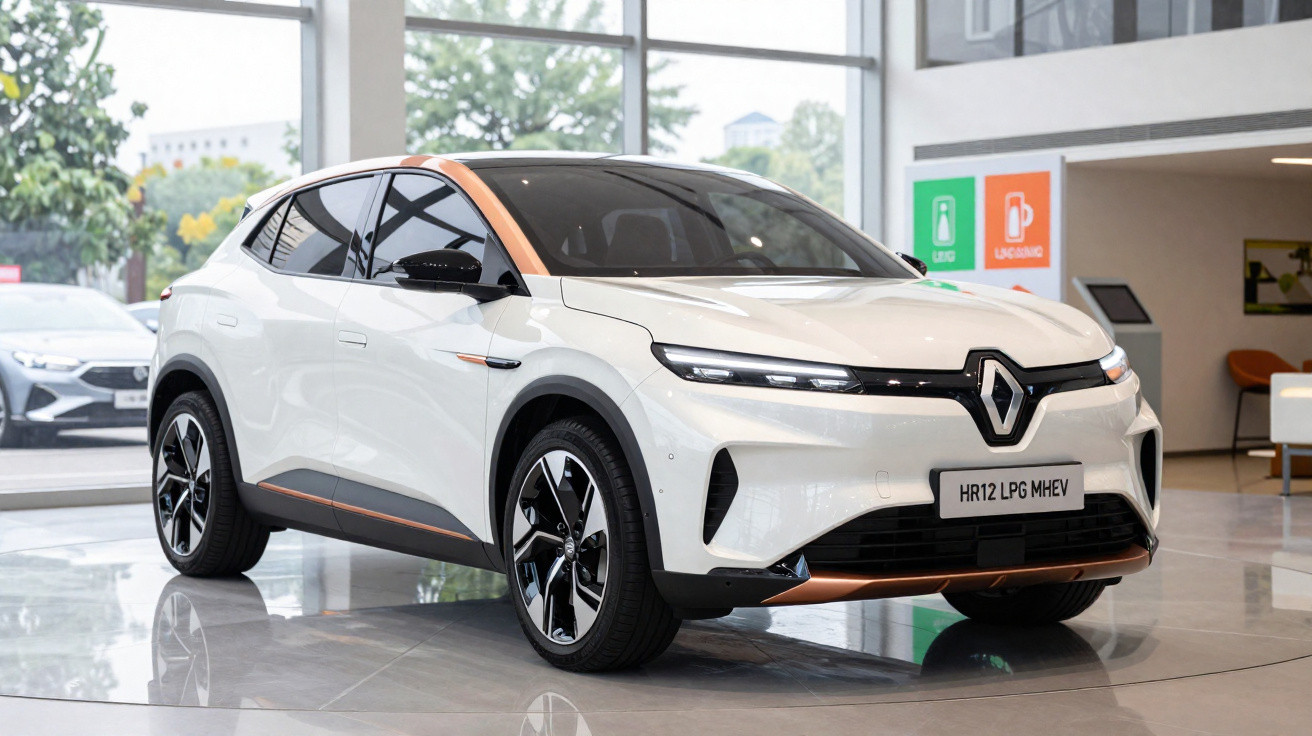 Carro elétrico branco Renault HR12 PHEV em exposição num showroom moderno com grandes janelas.