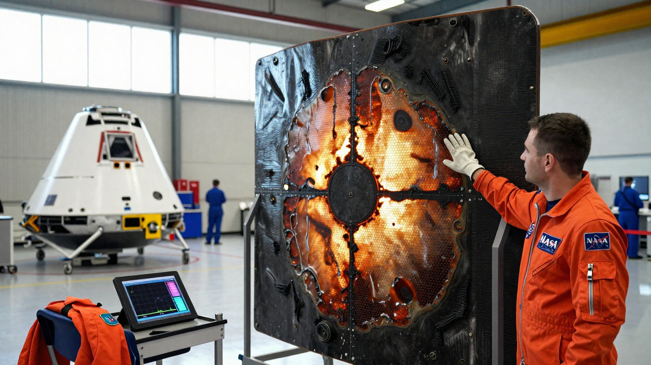 Engenheiro da NASA analisa painel térmico de espaçonave com marcas de exposição intensa ao calor.