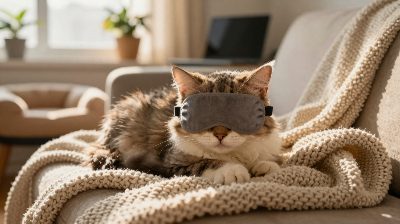 Gato de pelo comprido a repousar num sofá coberto por uma manta, com máscara de dormir cinzenta.