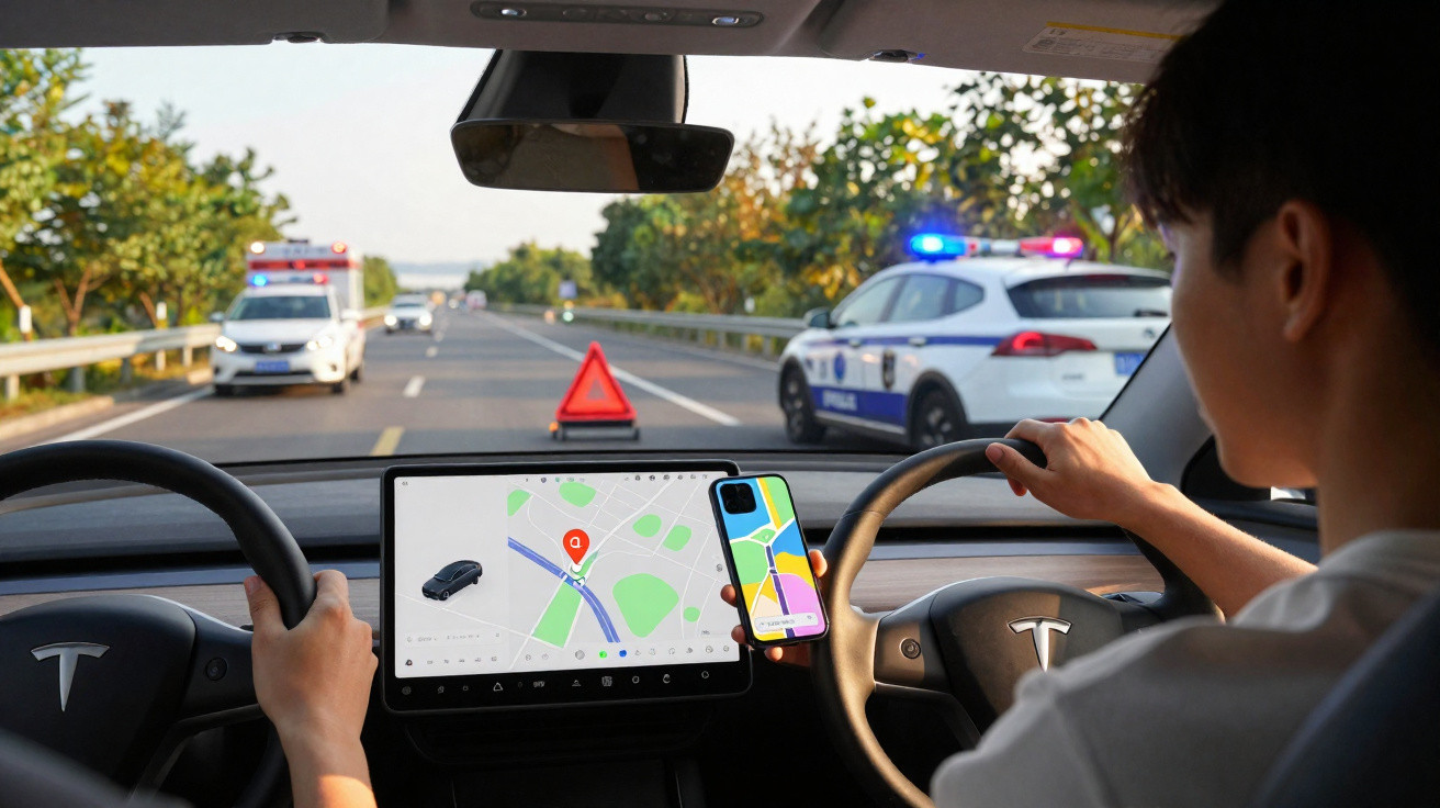 Condutor num Tesla com polícia e ambulância paradas na estrada avisa acidente com triângulo de segurança.