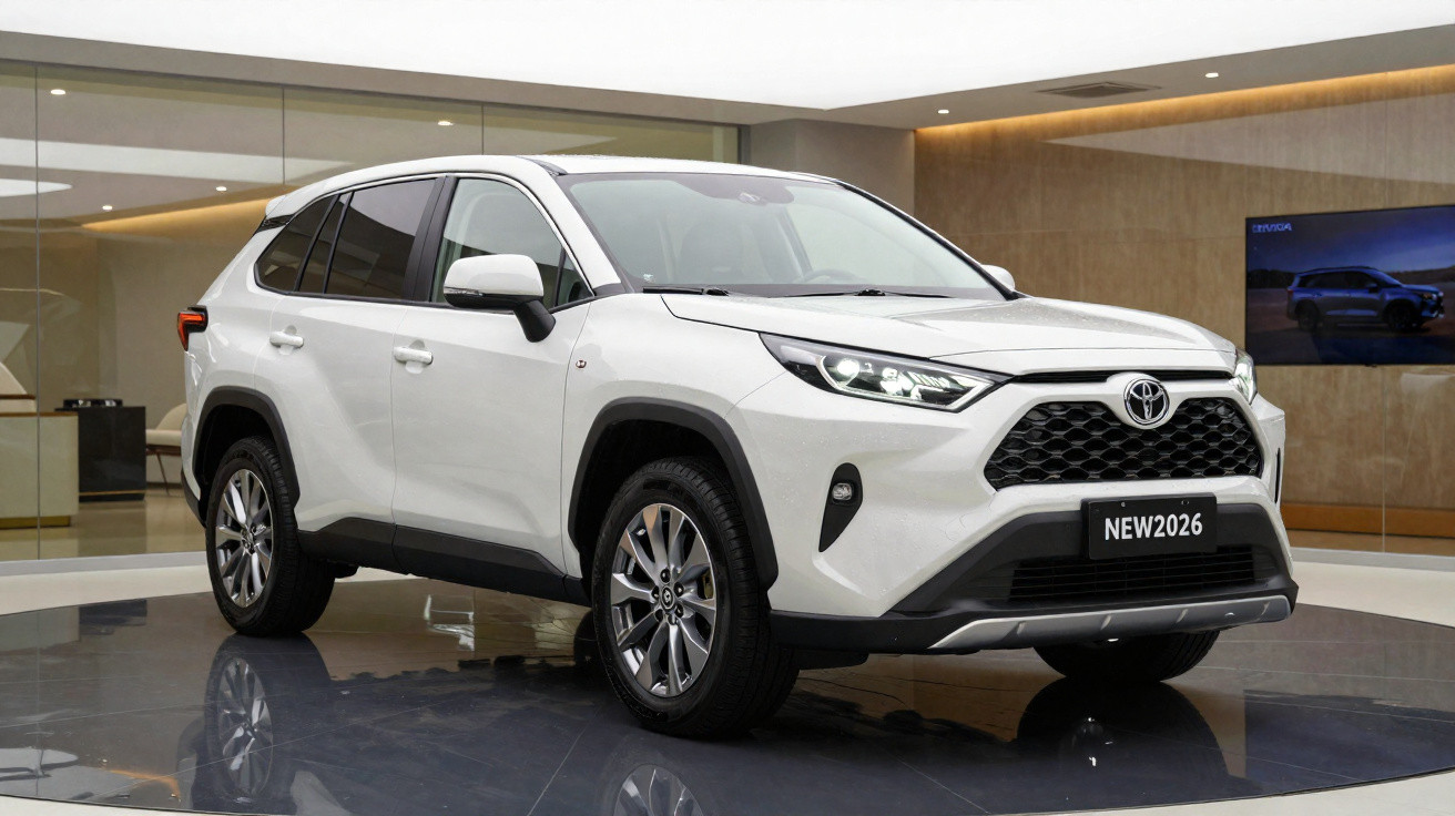 SUV branco Toyota novo modelo 2026 em exposição num showroom moderno com chão espelhado.