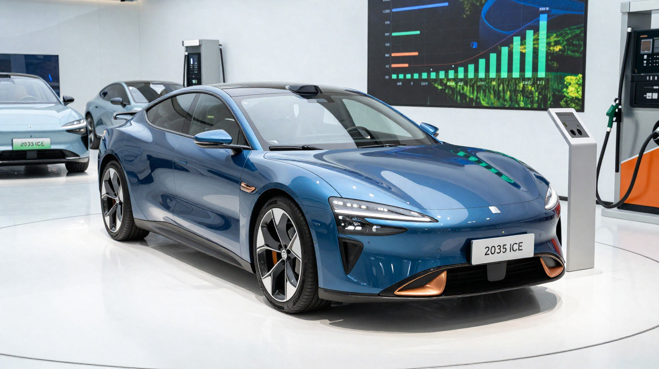 Carro elétrico azul metálico num showroom moderno, com painel gráfico e estações de carregamento ao fundo.
