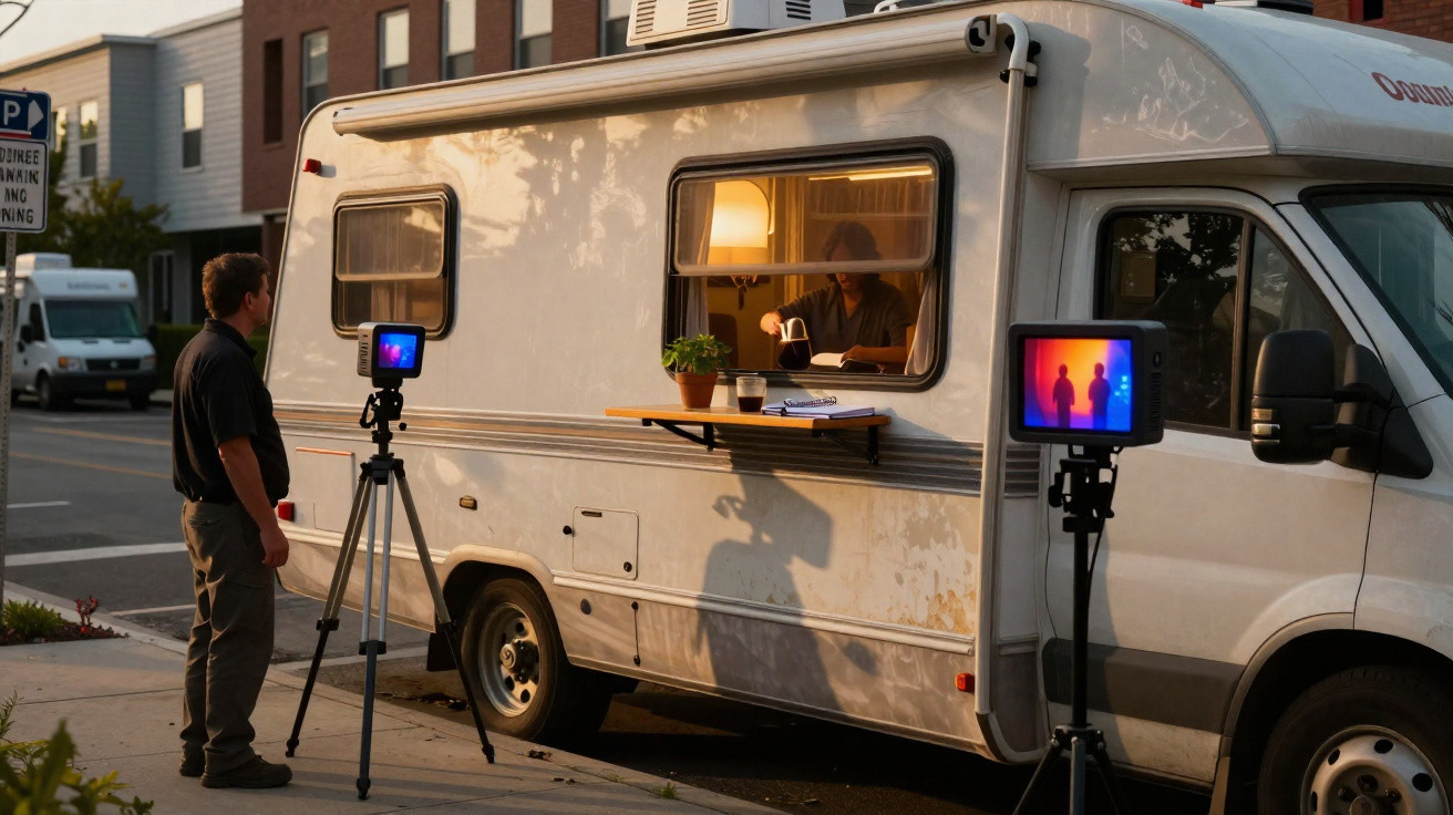 Homem observa câmaras térmicas focadas numa autocaravana branca numa rua urbana ao entardecer.